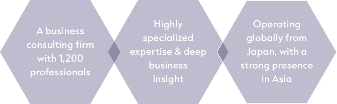 A business consulting firm with 1,200 professionals / Highly specialized 
expertise & deep business insight / Operating globally from Japan, with a strong presence in Asia