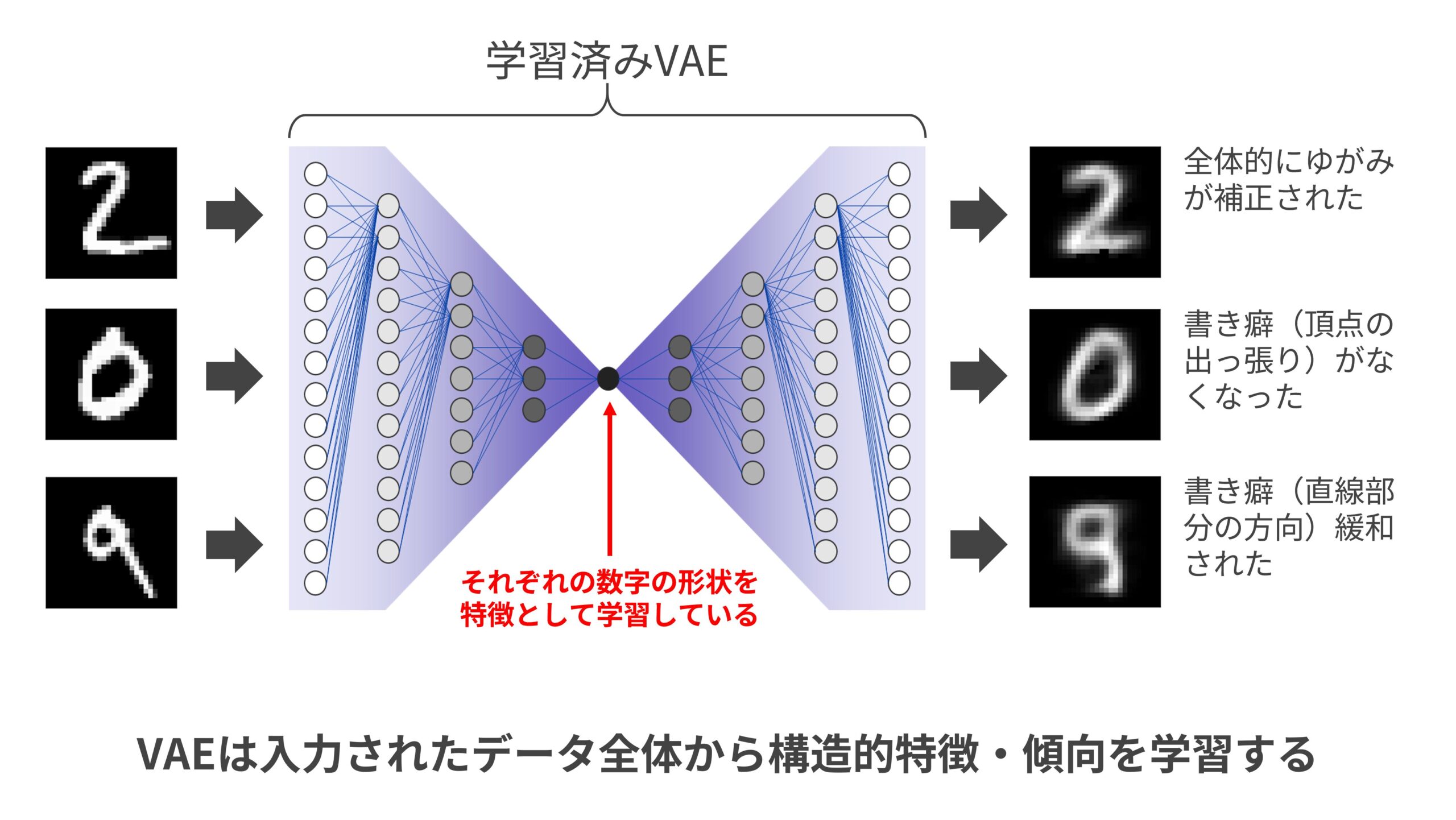 VAEは入力データを圧縮・復元する過程でデータ全体に潜む構造的特徴・傾向を学習する